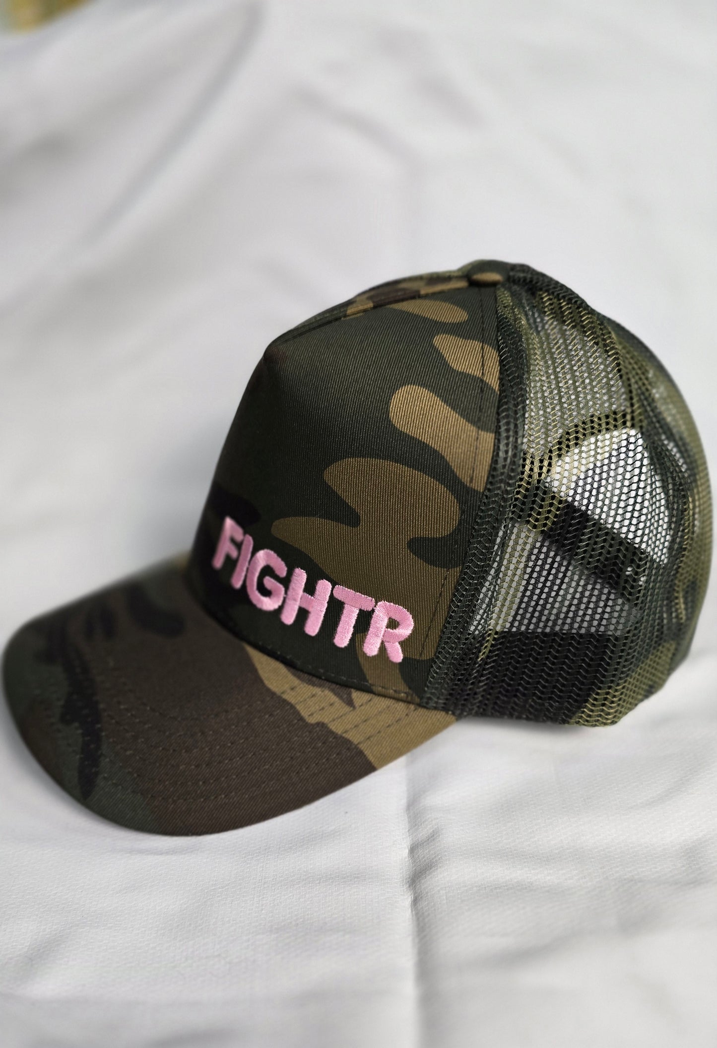 BSH6 FIGHTR Camo Canvas Trucker Hat w/ Light Pink Embroidery