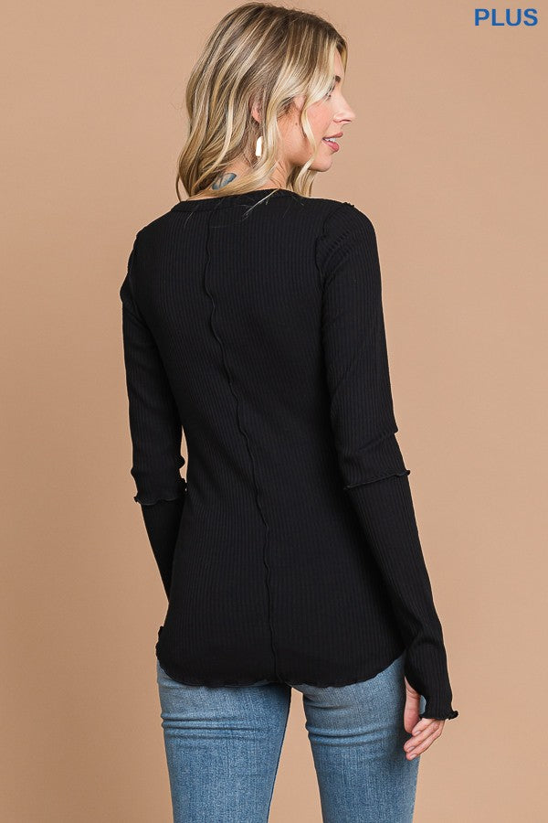 BB51 Crew Neck Ribbed Elongated Sleeve Top - Black