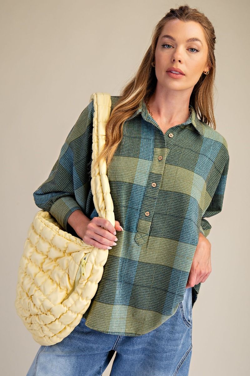 K72 Dolman Sleeve Plaid Color Block Button Front Top - Green - Teal