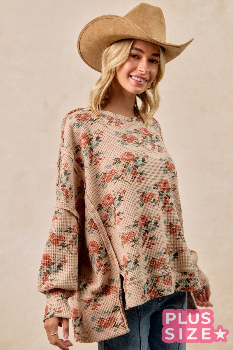 J14 Floral Print Oversized Waffle Thermal Sweatshirt in Taupe