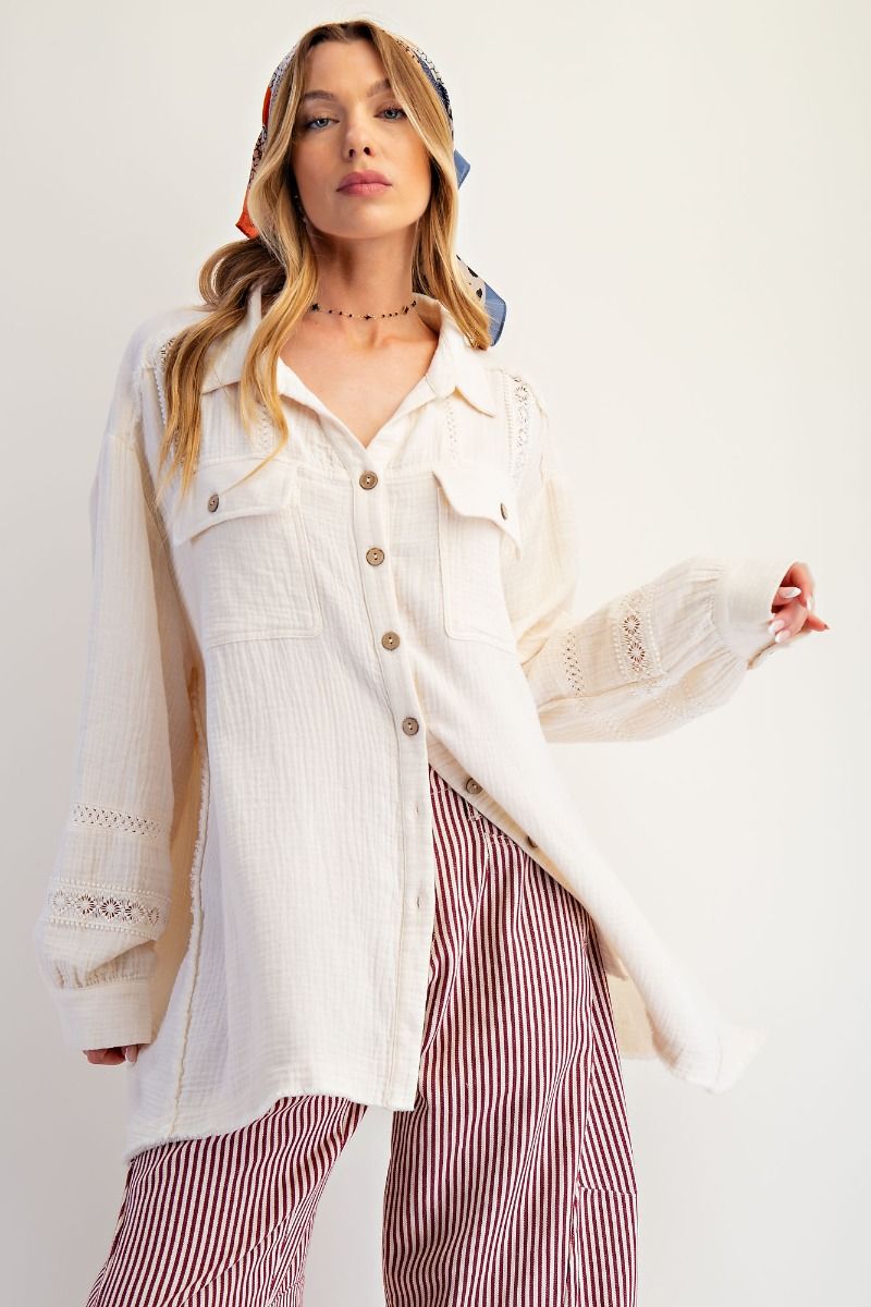 K29 Soft Gauze Tunic Length Button Front Crochet Inset Top -Ecru