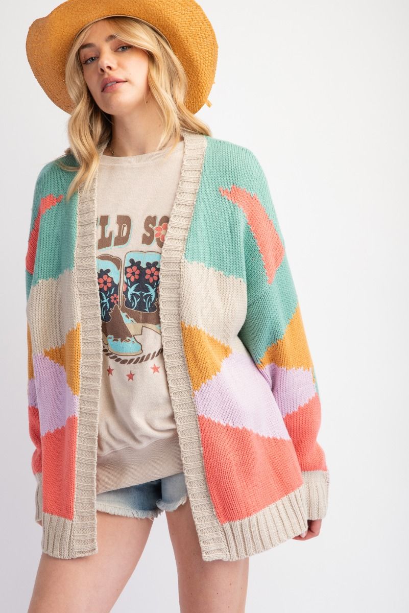 K31 Color Block Knit Sweater Cardigan - Peach and Green