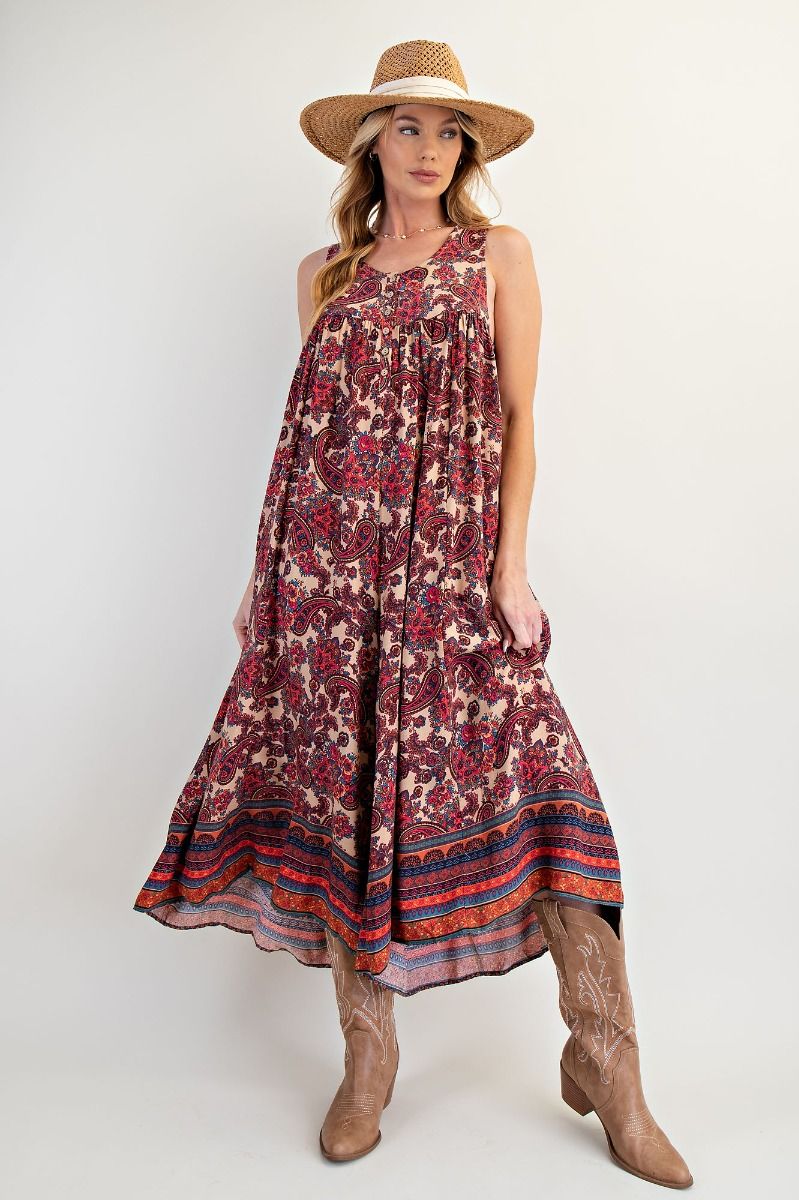 K32 Boho Border Rayon Chalis Wide Leg Romper Jumpsuit