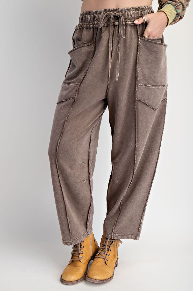 K64 Mocha Mineral Wash Terry Knit Barrel Leg Pant