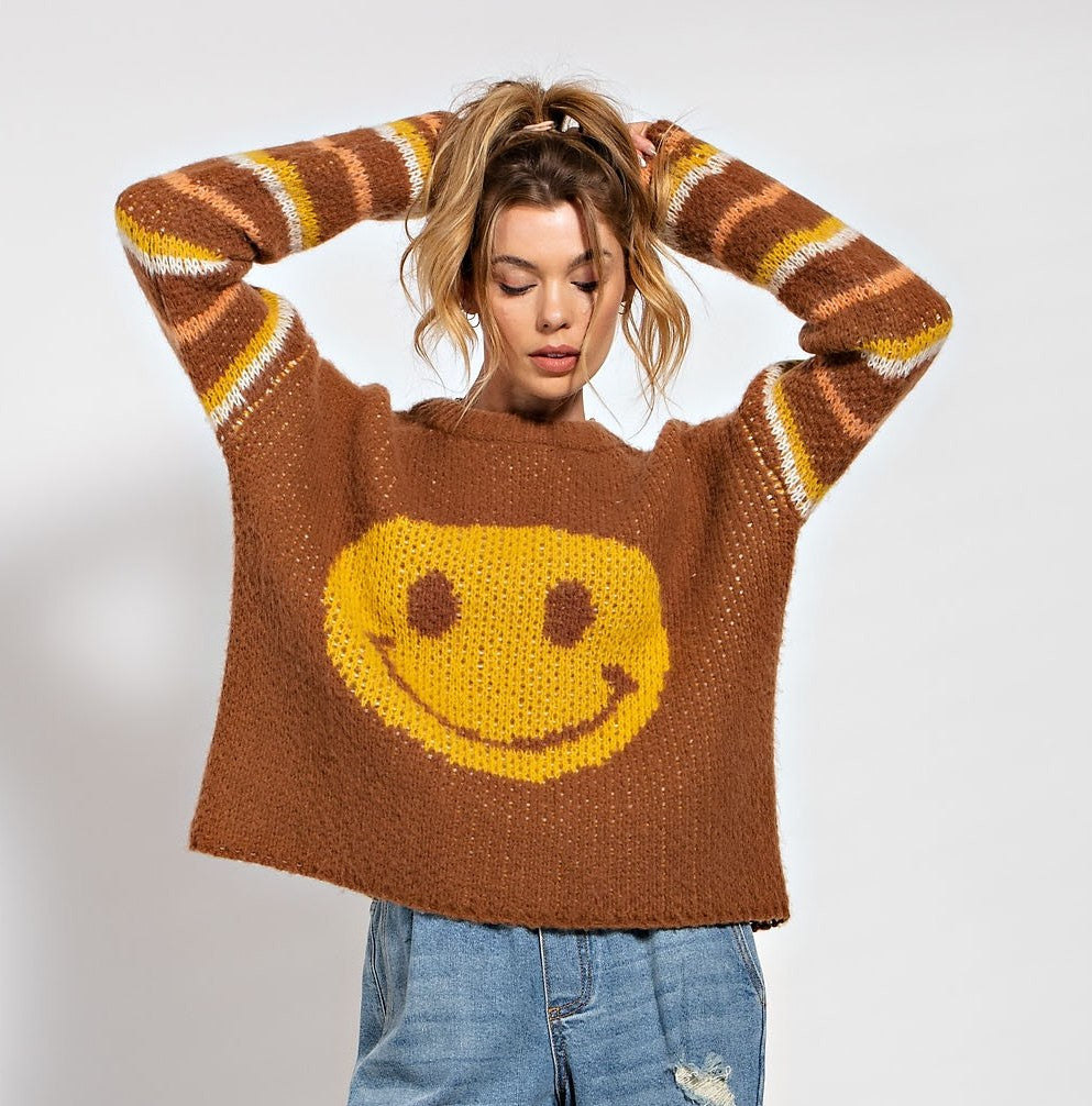 J32 Smiley Face Chocolate Brown Sweater