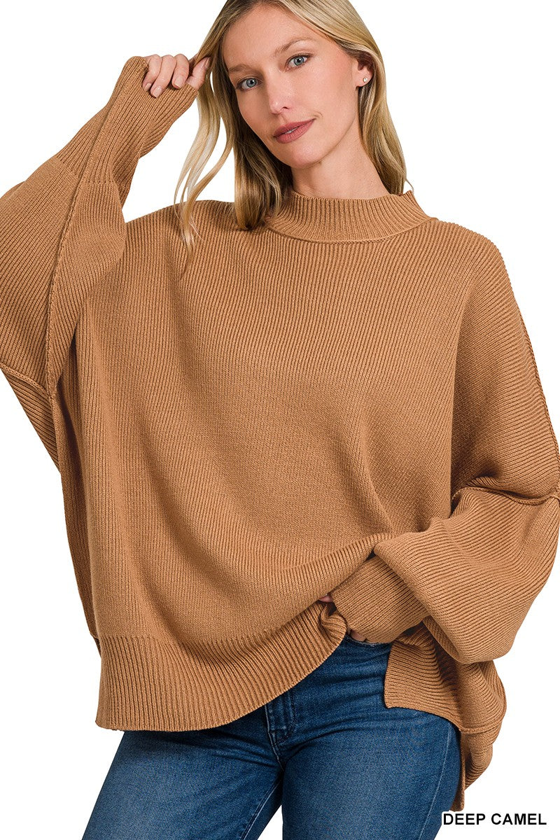 K33 Deep Camel Side Slit Oversized Sweater