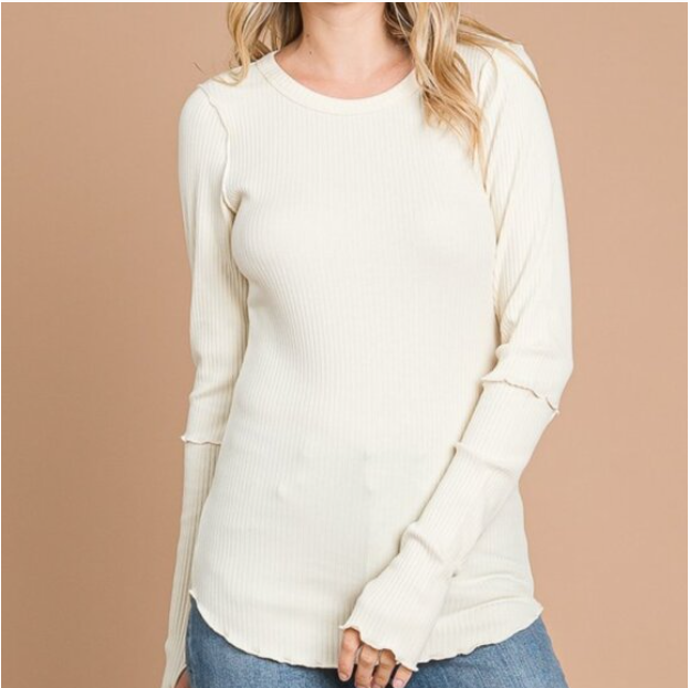 BB59 Crew Neck Ribbed Long Sleeve Top Cream Women’s Casual Layering Shirt