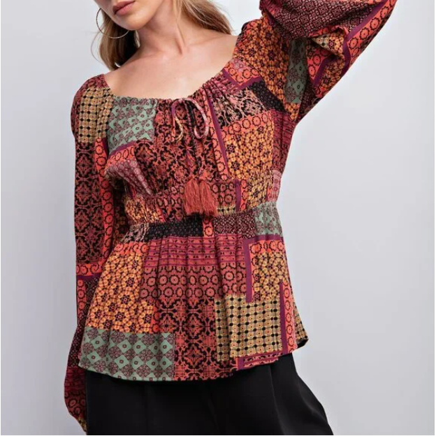 H22 Printed Gauze Woven Top Boho Brown Combo Women’s Casual