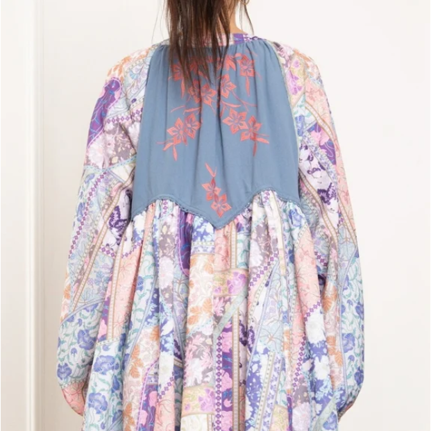 E13 Dusty Blue Embroidered Boho Print Balloon Sleeve Dress Tunic Women’s Casual