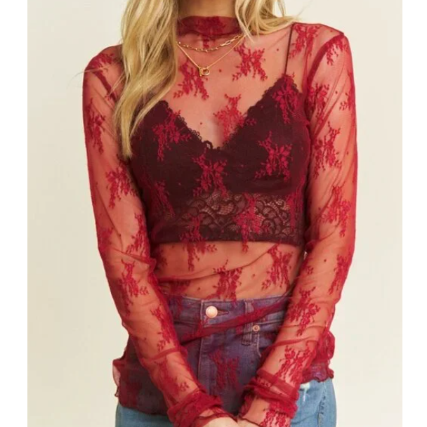 BB42 Burgundy Lace Long Sleeve Mesh Floral Layering Top