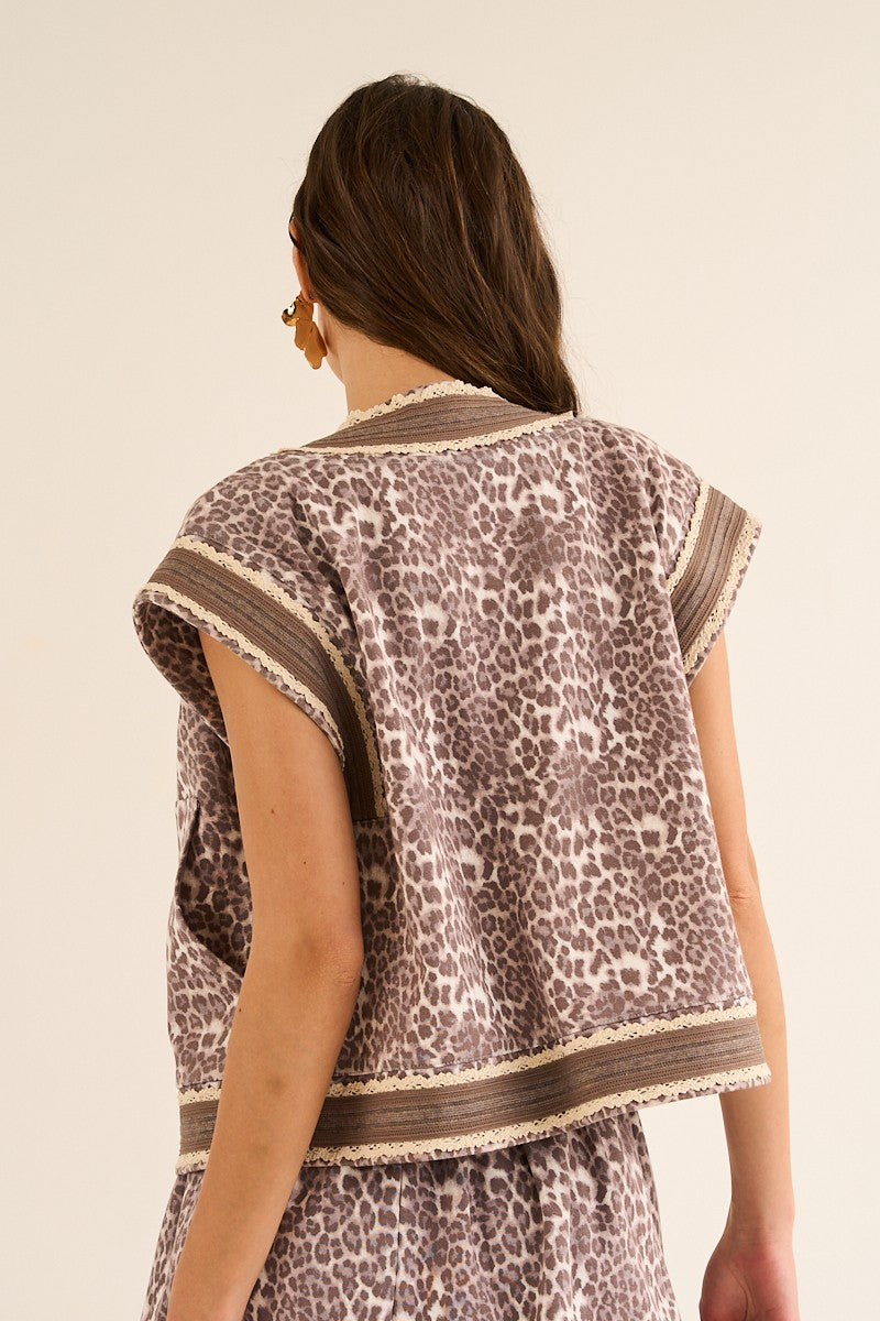 I18 Animal Print Open Front Vest with Crochet Detail