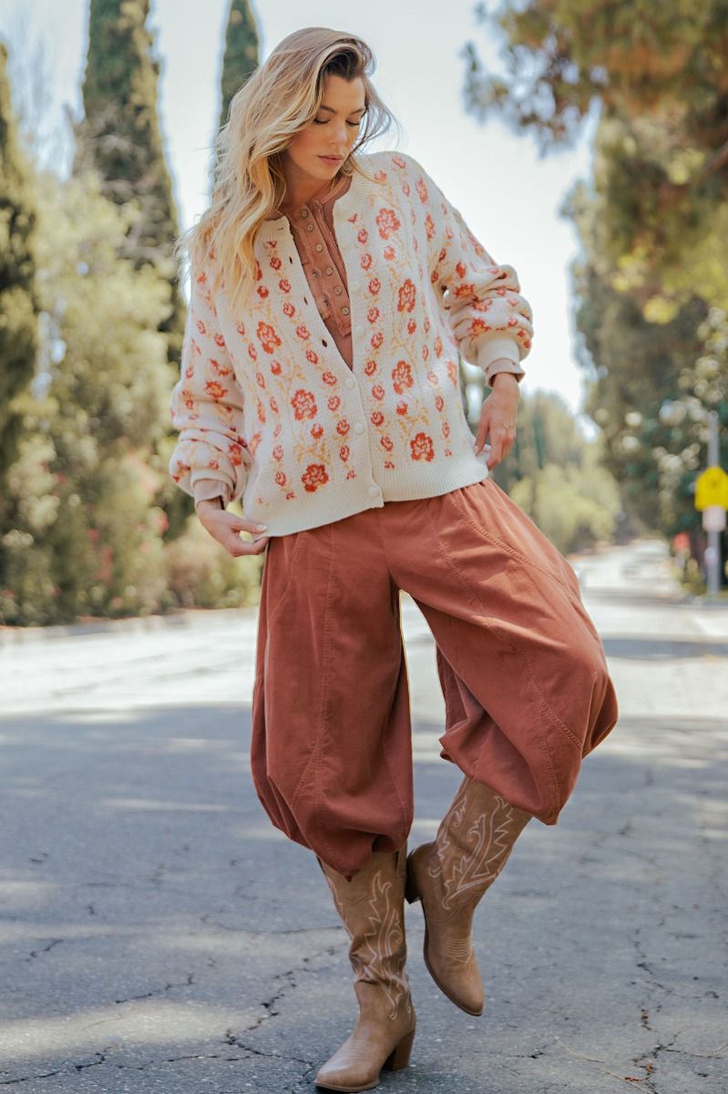 K61 Cognac Brown Ultra Wide Leg Ribbed Pant