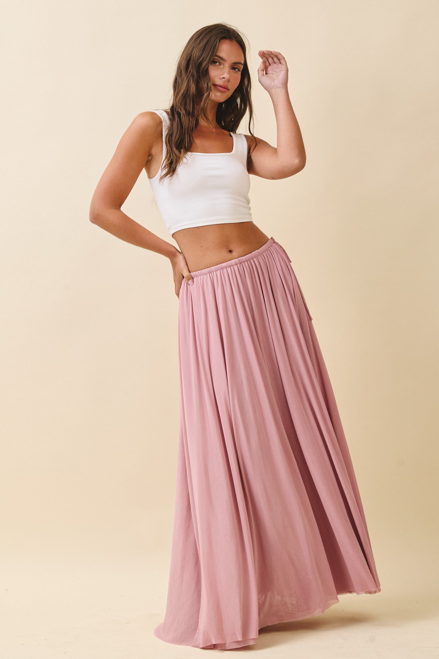 105 | Flowy Mesh Maxi Skirt Blush Pink