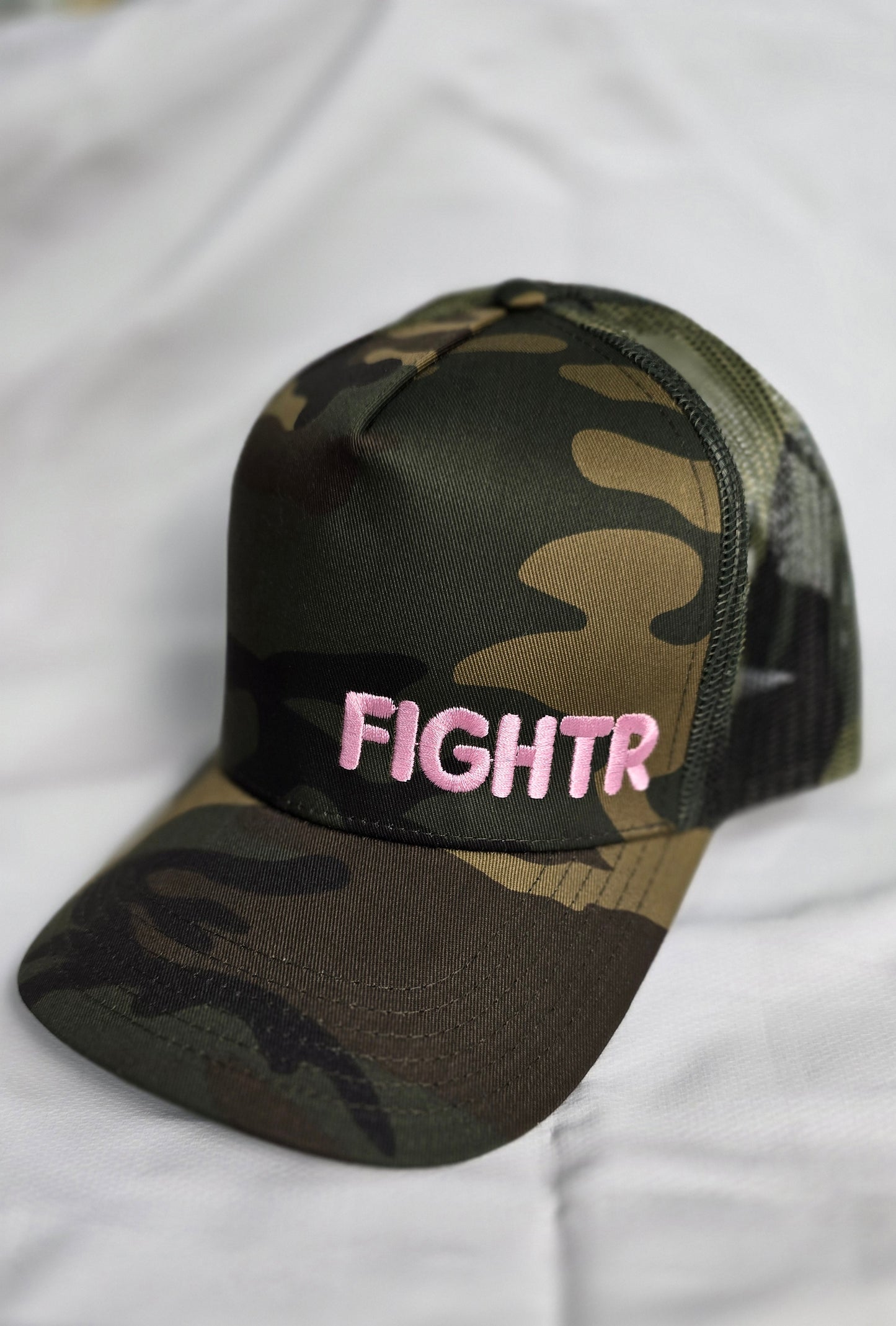 BSH6 FIGHTR Camo Canvas Trucker Hat w/ Light Pink Embroidery