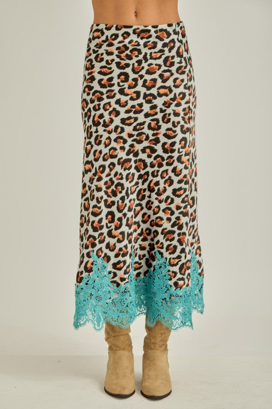 K1 Leopard with Lace Hem Fit & Flare Bias Maxi Skirt