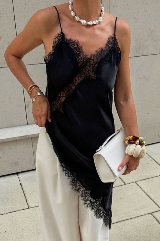 K4 Lace Trim Asymmetrical Slip Dress - Black