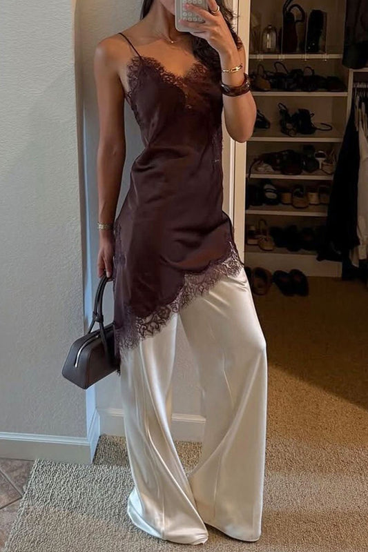 K5 Lace Trim Asymmetrical Slip Dress - Brown