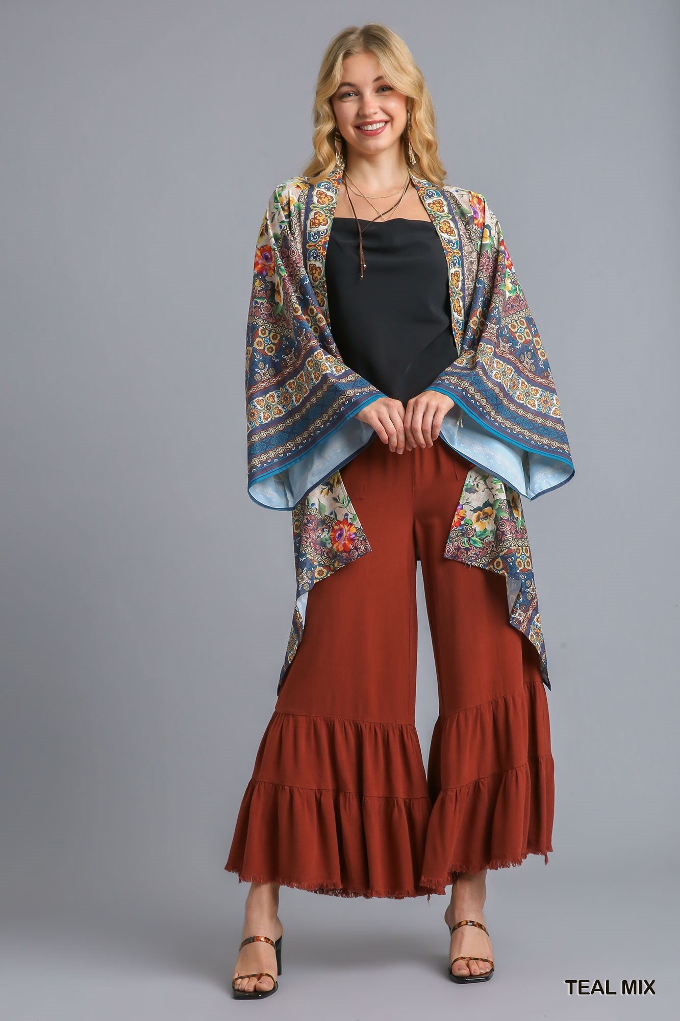 113 | Teal and Cream Bohemian Print Kimono