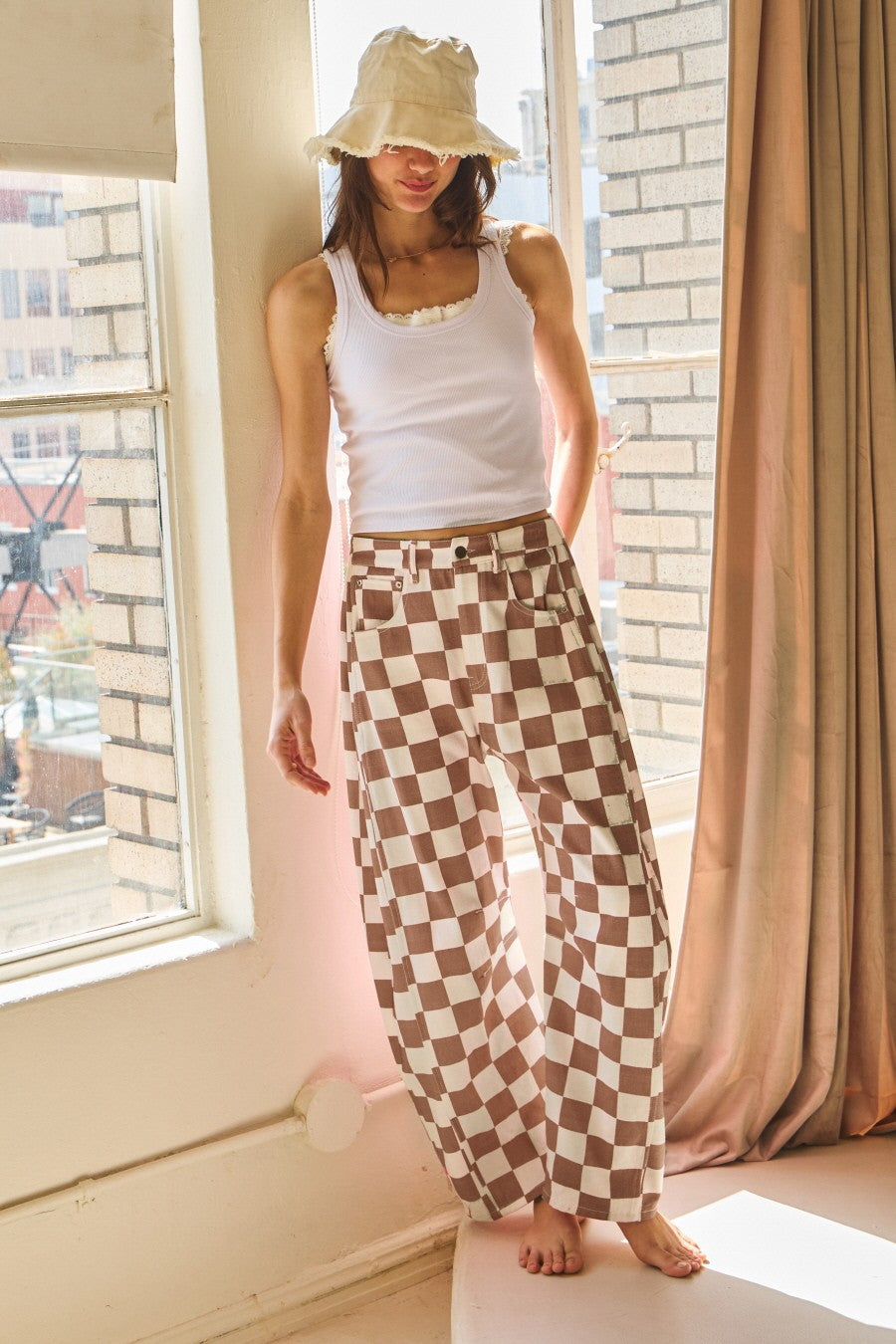 L1 Checkered Mocha Cream Barrel Leg Denim