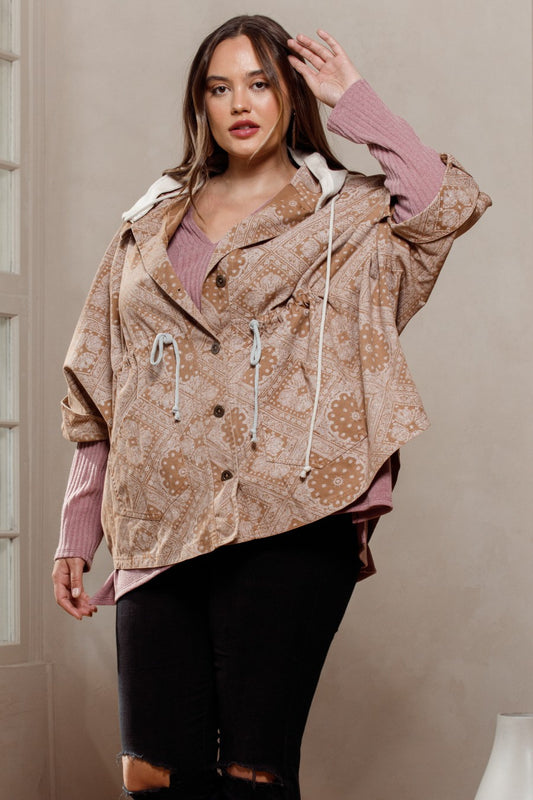 L5 Camel Bandana Print Button 3/4 Sleeve Denim Jacket Removable Hood