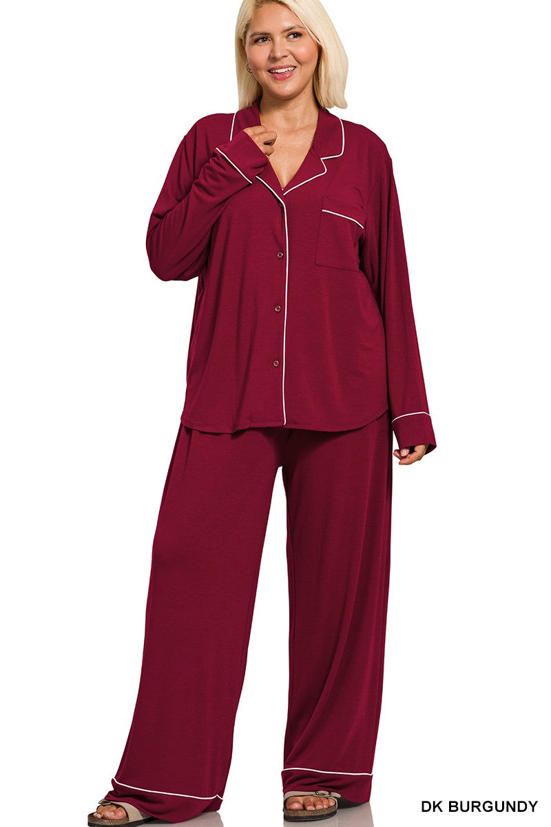 CH6 Button Down Long Sleeve Super Soft Shirt & Pant Pajama Set - Plus Burgundy