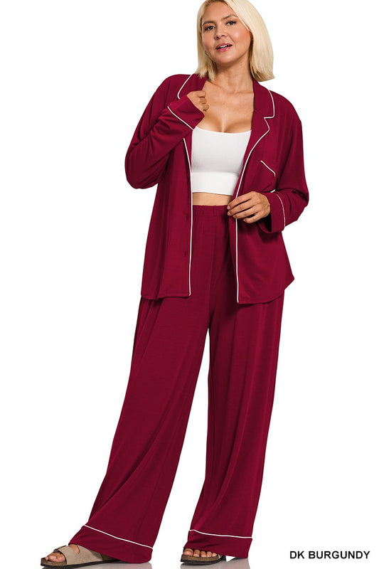 CH6 Button Down Long Sleeve Super Soft Shirt & Pant Pajama Set - Plus Burgundy