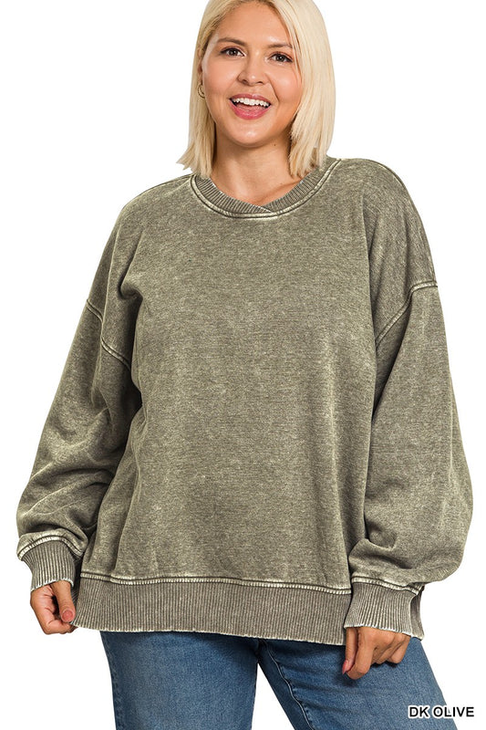 I2 DARK OLIVE FLEECE PLUS ACID WASHED PULLOVER SWEATSHIRT