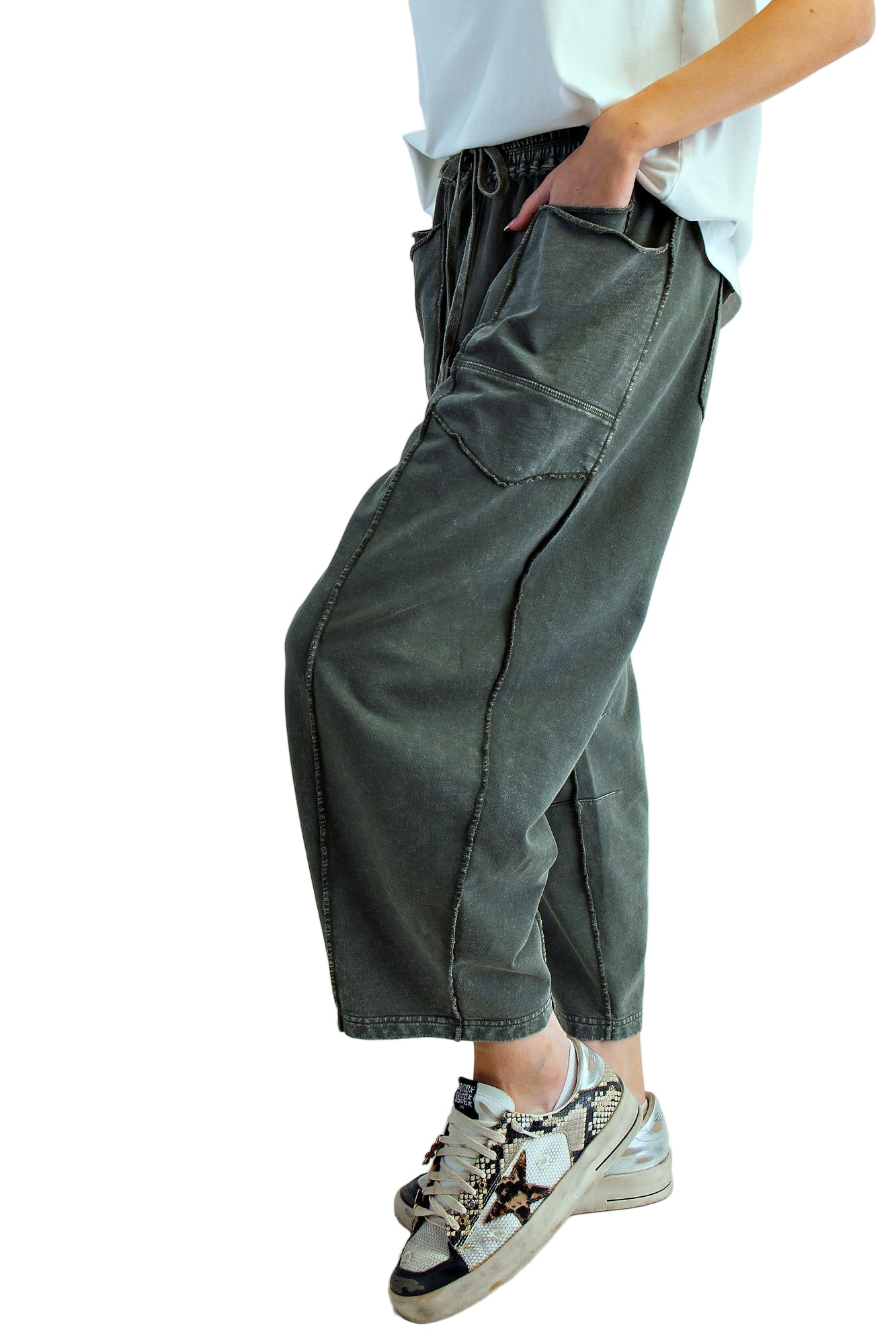 K62 Pine Mineral Wash Terry Knit Barrel Leg Pant