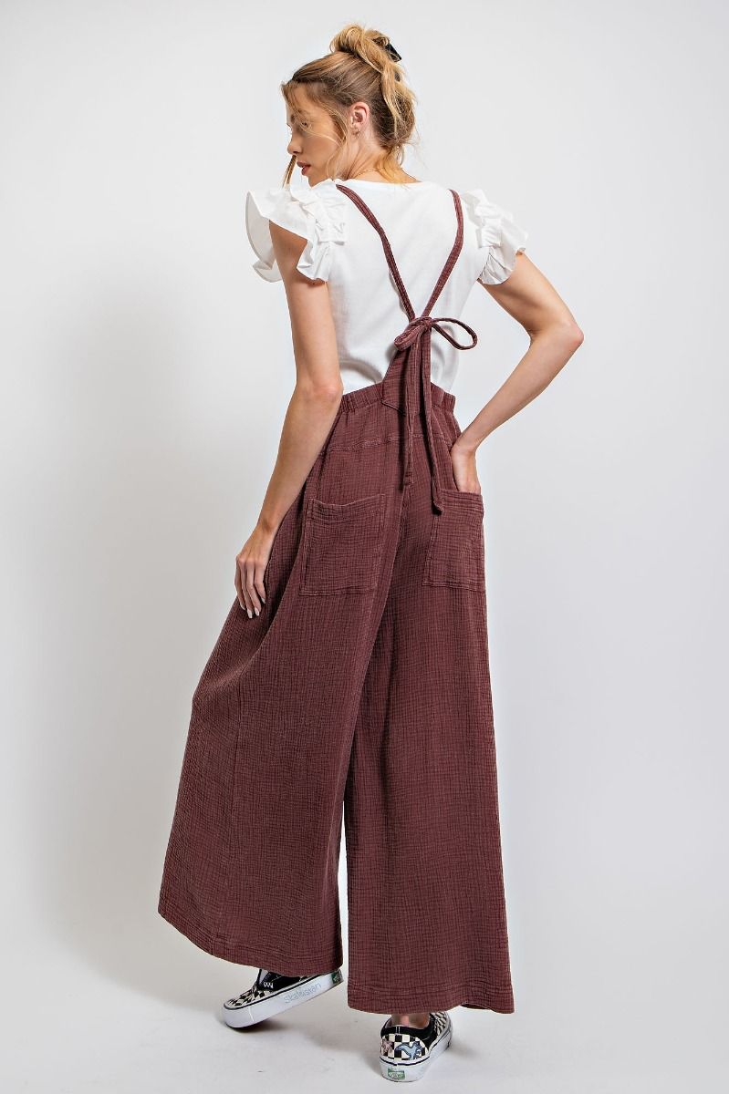 K34 Washed Cotton Textured Jumpsuit Overalls - Faded Chocolate Brown Plus