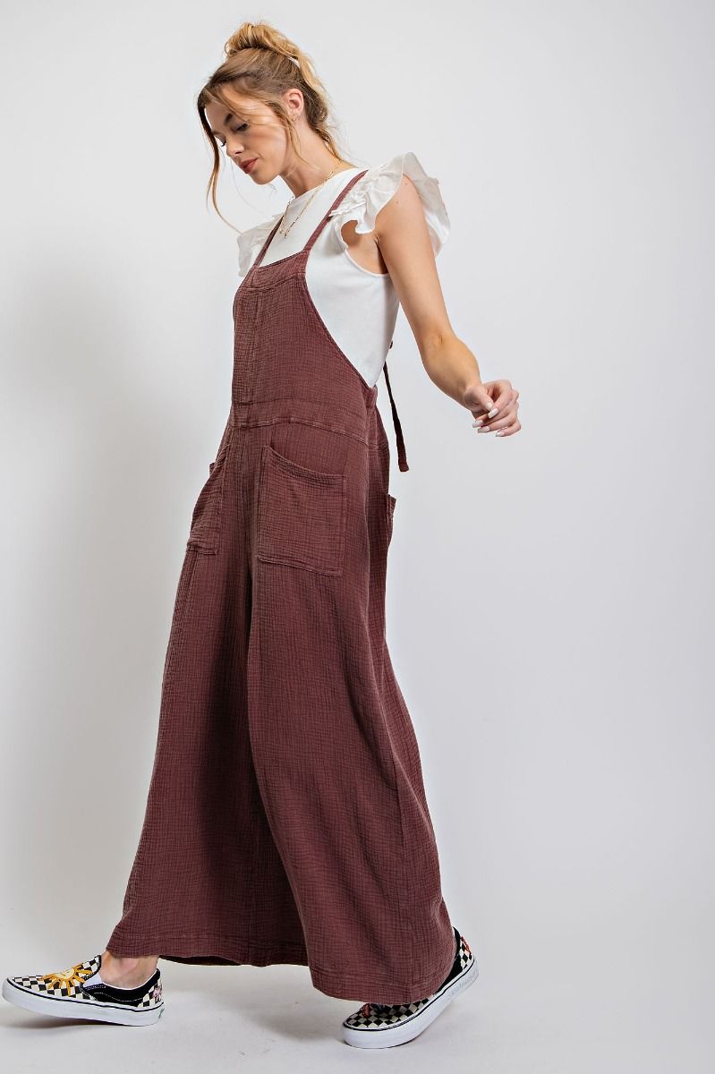 K34 Washed Cotton Textured Jumpsuit Overalls - Faded Chocolate Brown Plus
