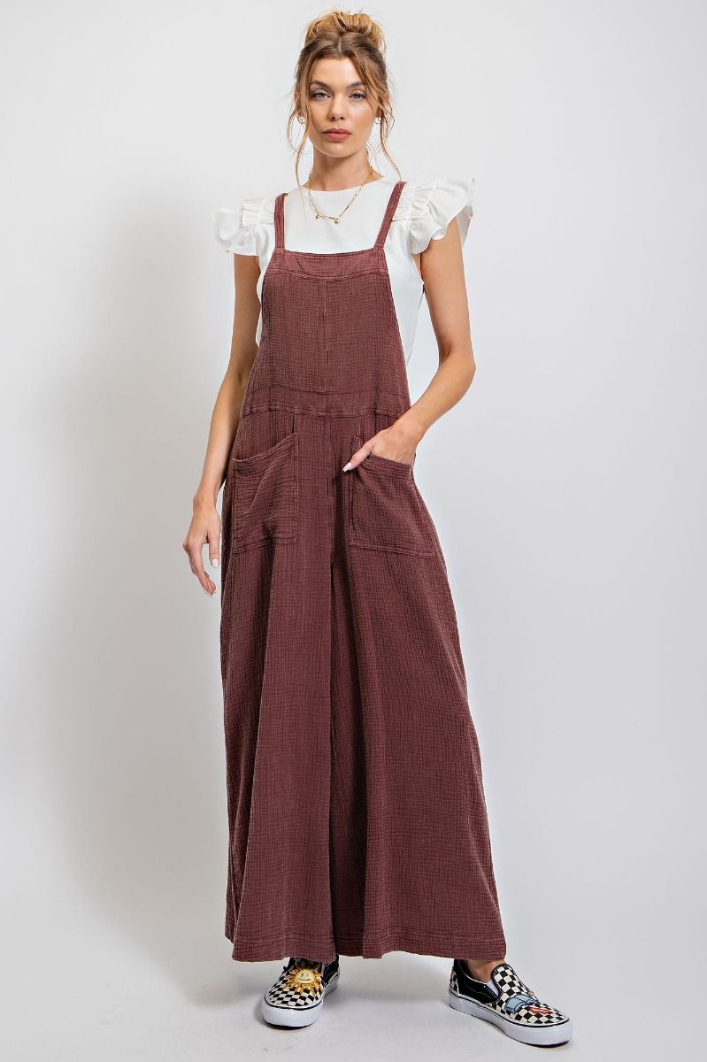 K34 Washed Cotton Textured Jumpsuit Overalls - Faded Chocolate Brown Plus