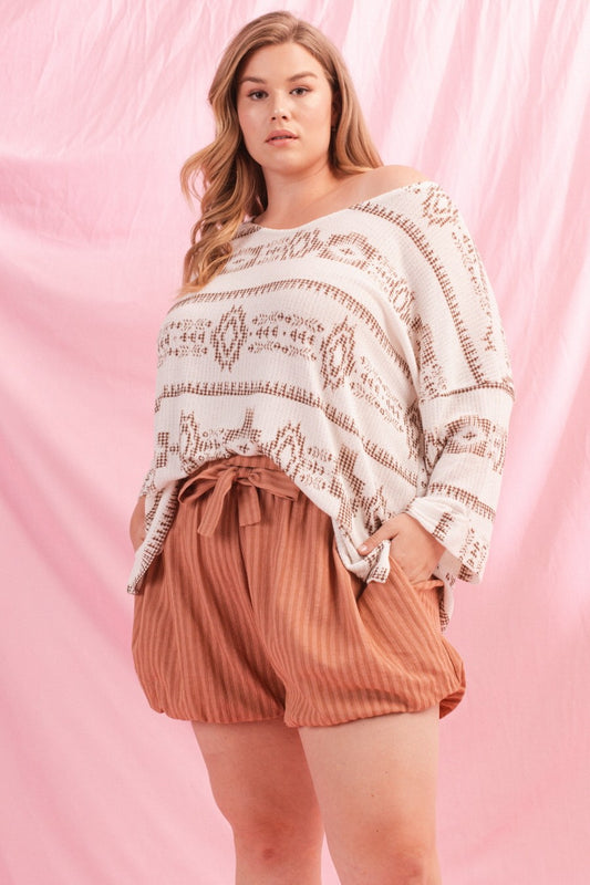 L4 Cream Aztec Print Short Sleeve Drop Shoulder Top