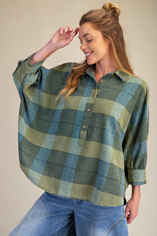 K72 Dolman Sleeve Plaid Color Block Button Front Top - Green - Teal