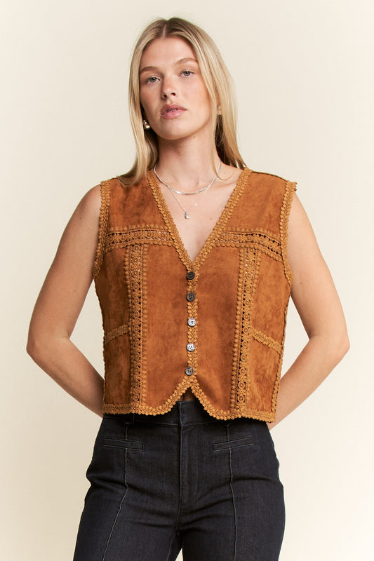 H4 Suede Vest with Lace Trim Camel Women’s Plus Size Boho Western Layering