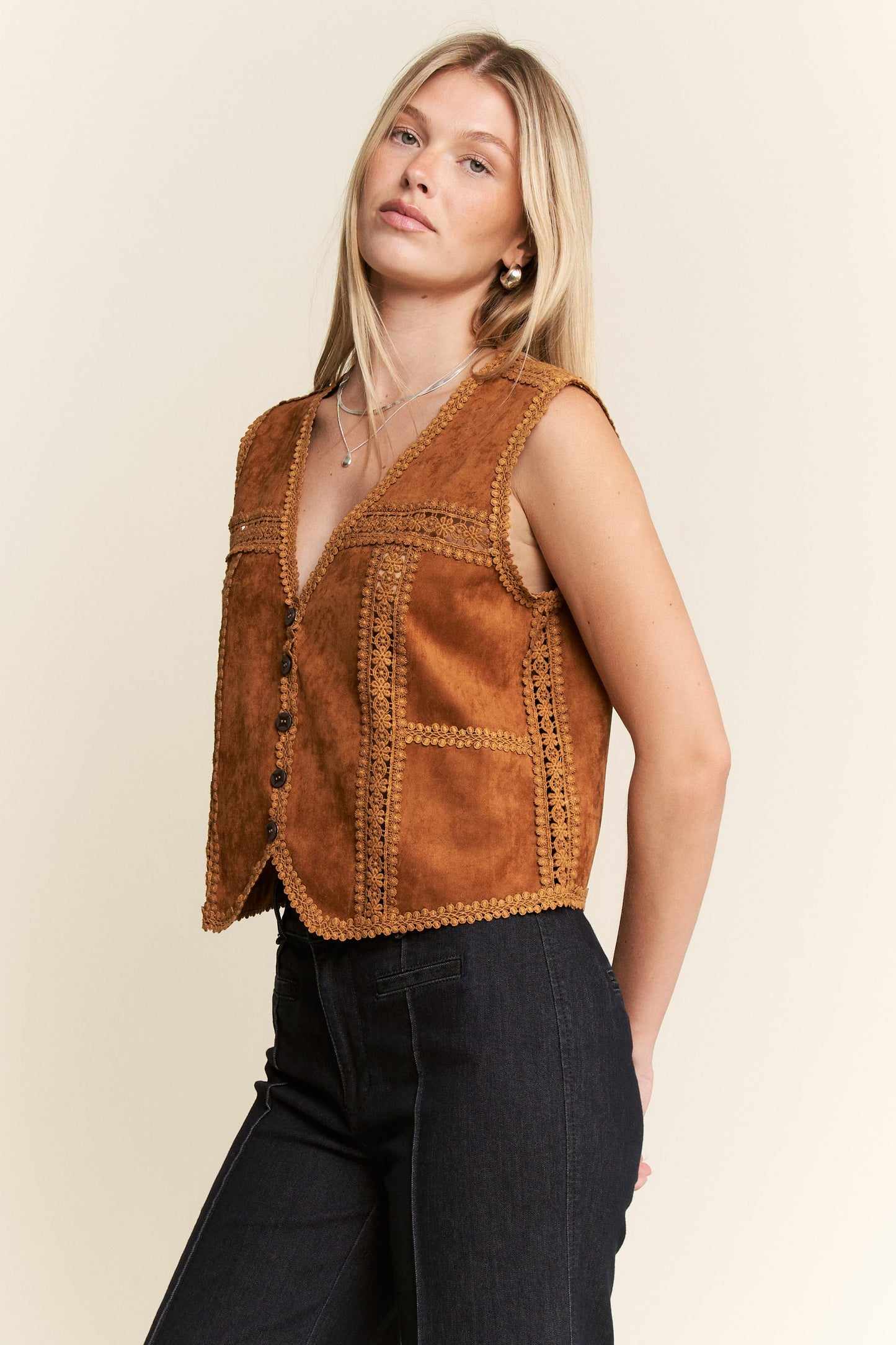 H4 Suede Vest with Lace Trim Camel Women’s Plus Size Boho Western Layering