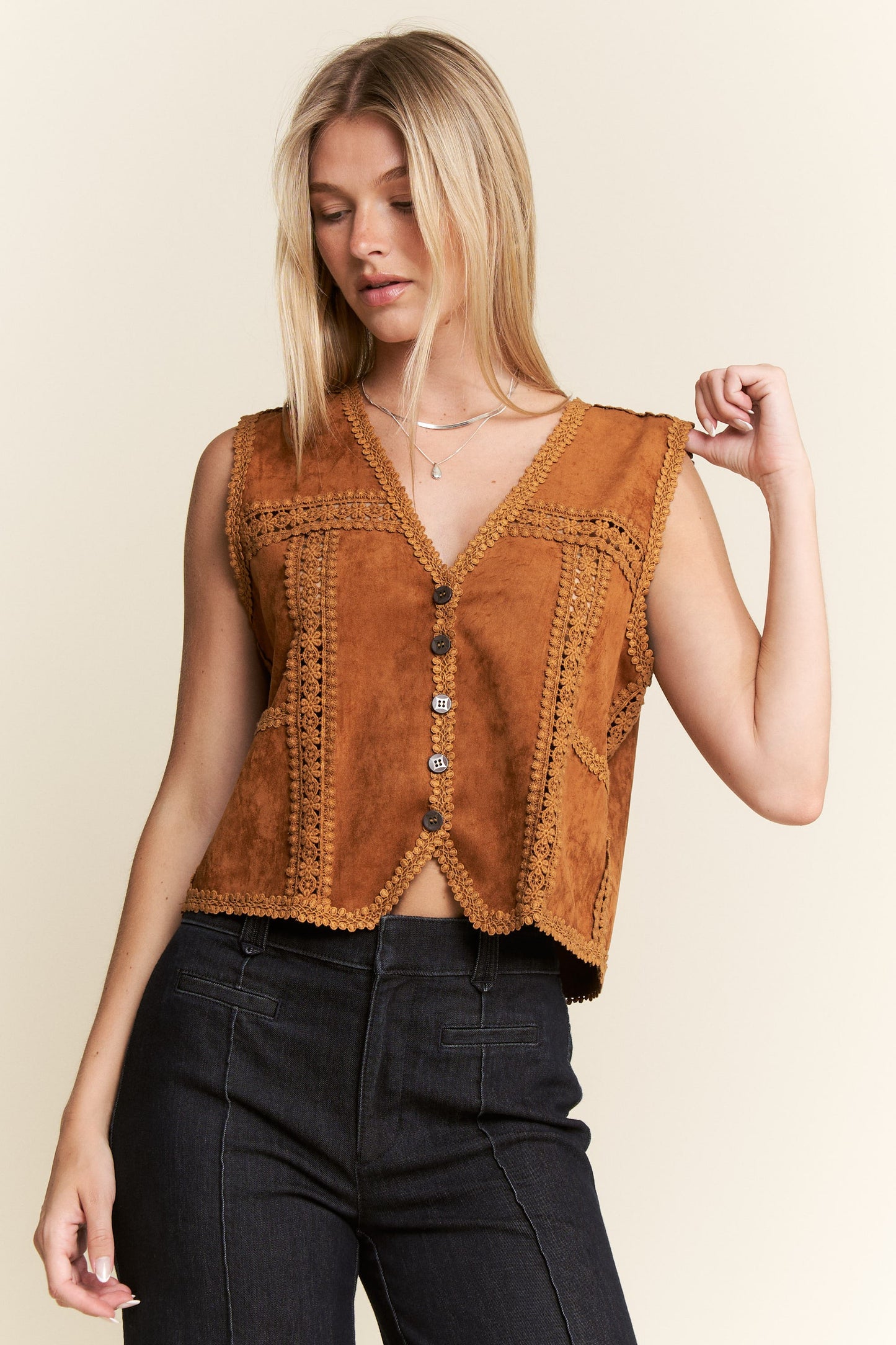 H4 Suede Vest with Lace Trim Camel Women’s Plus Size Boho Western Layering