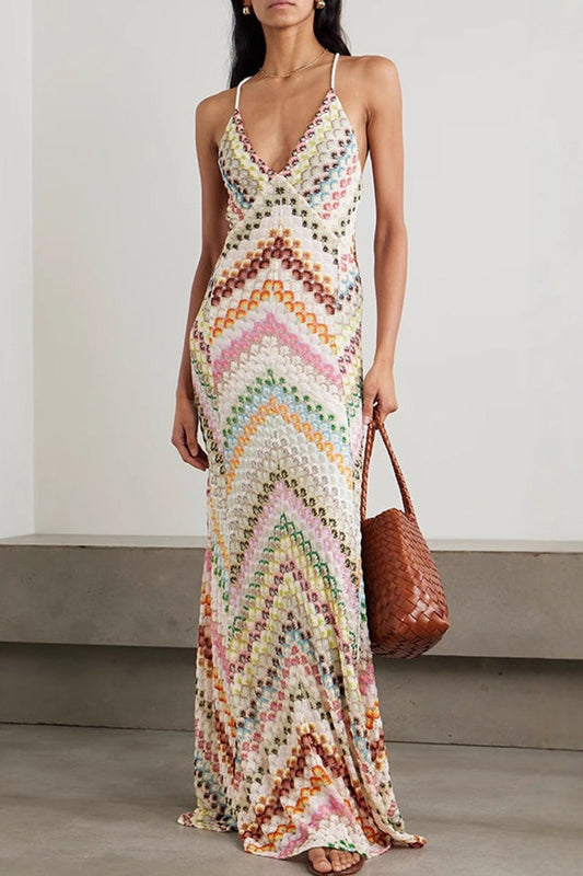 H5 Bohemian Crochet Maxi Dress Women’s Sleeveless Long Summer Casual Beach