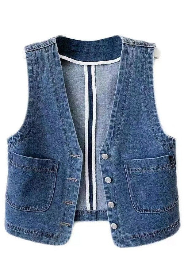 H9 Vintage Wash Denim Cropped Vest Women’s Sleeveless Jean Layering