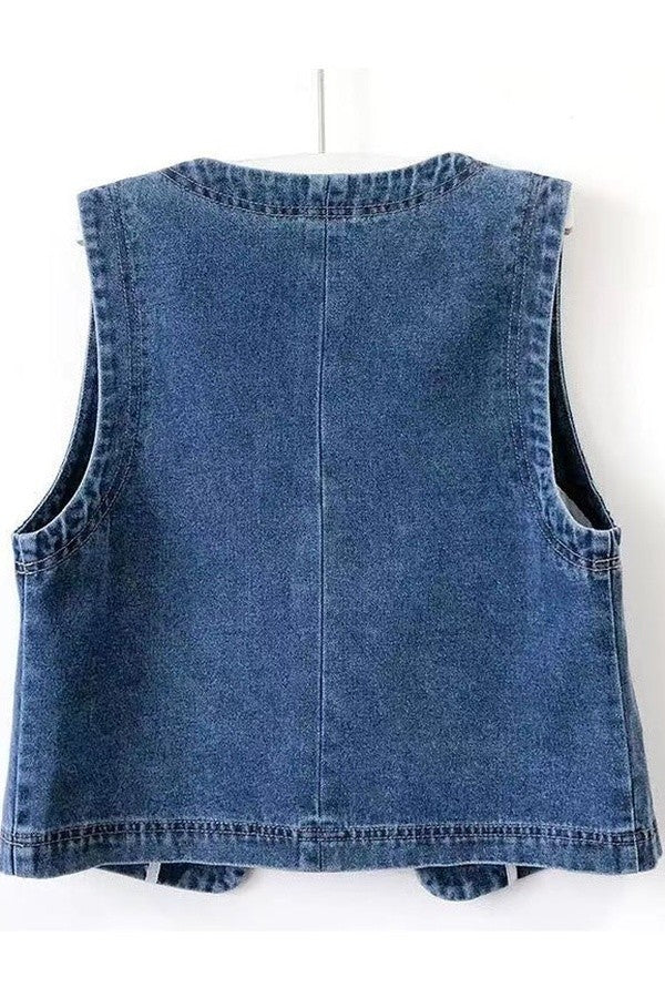 H9 Vintage Wash Denim Cropped Vest Women’s Sleeveless Jean Layering