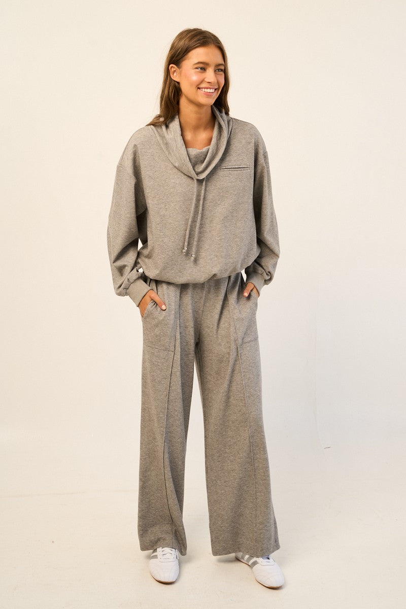 K68 Grey Relaxed Cowl Neck Drawstring Pullover