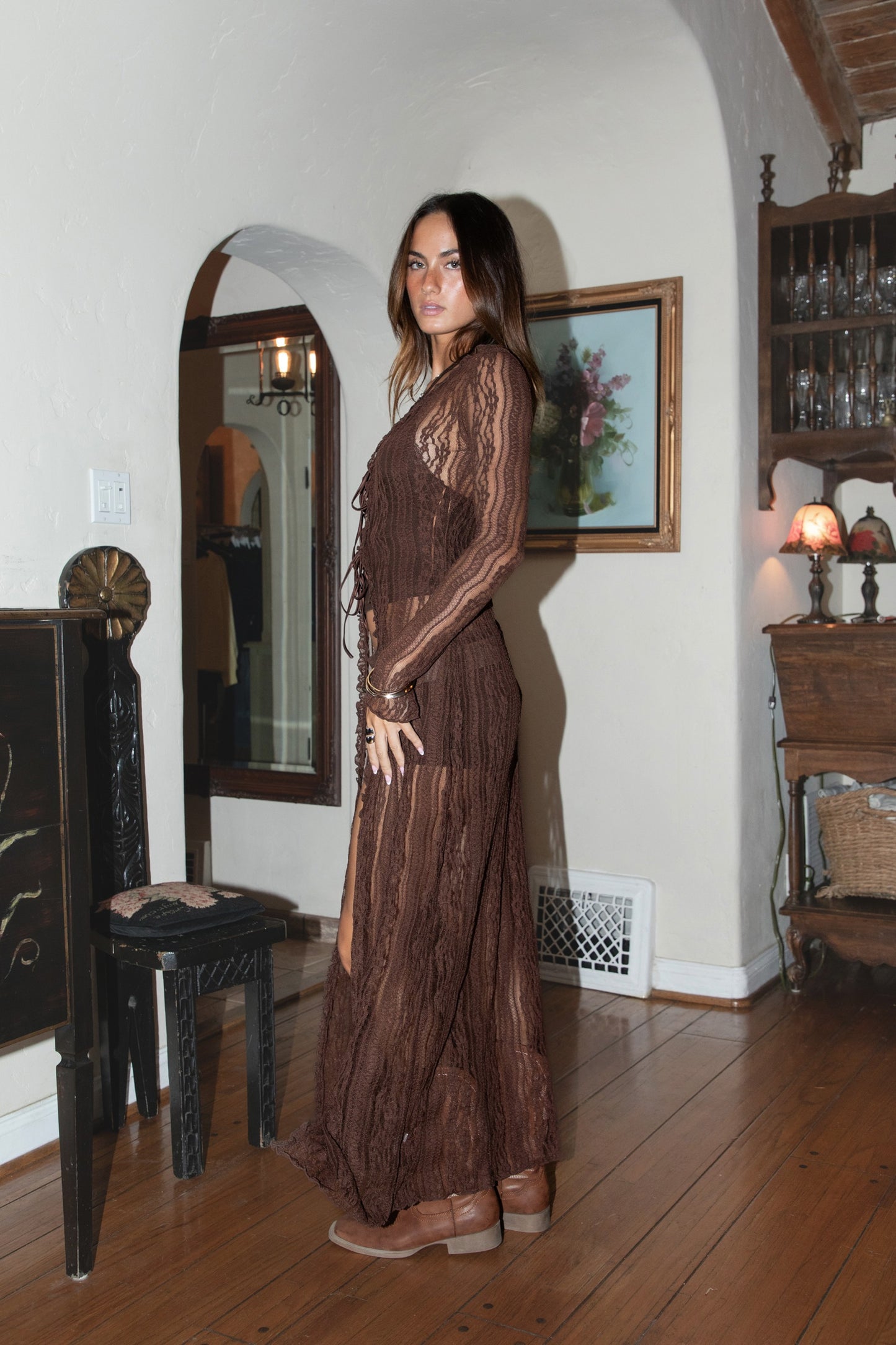 J13 Chocolate Brown Long Sleeve Lace Duster