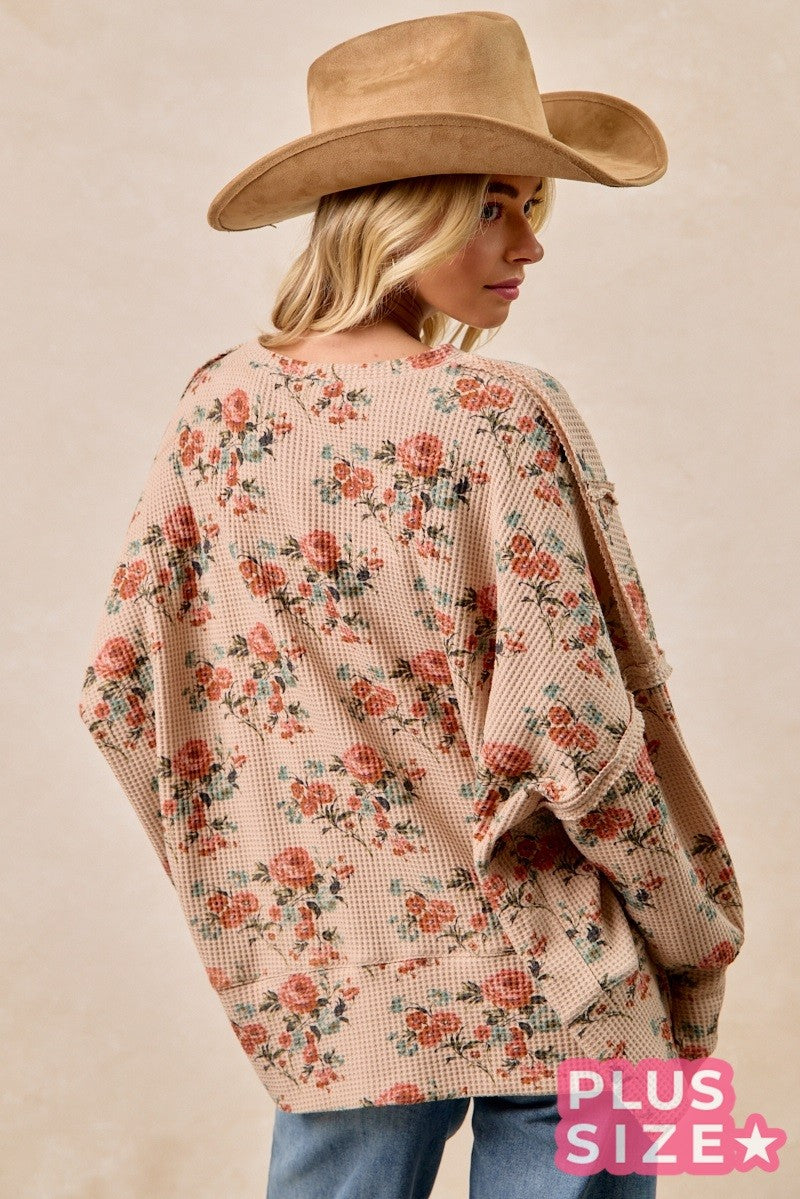 J14 Floral Print Oversized Waffle Thermal Sweatshirt in Taupe