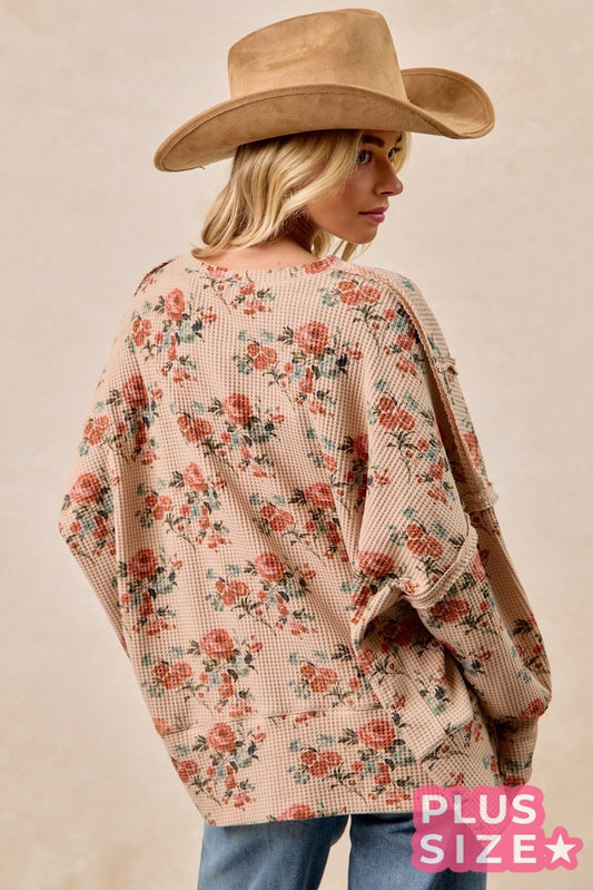 J14 Floral Print Oversized Waffle Thermal Sweatshirt in Taupe