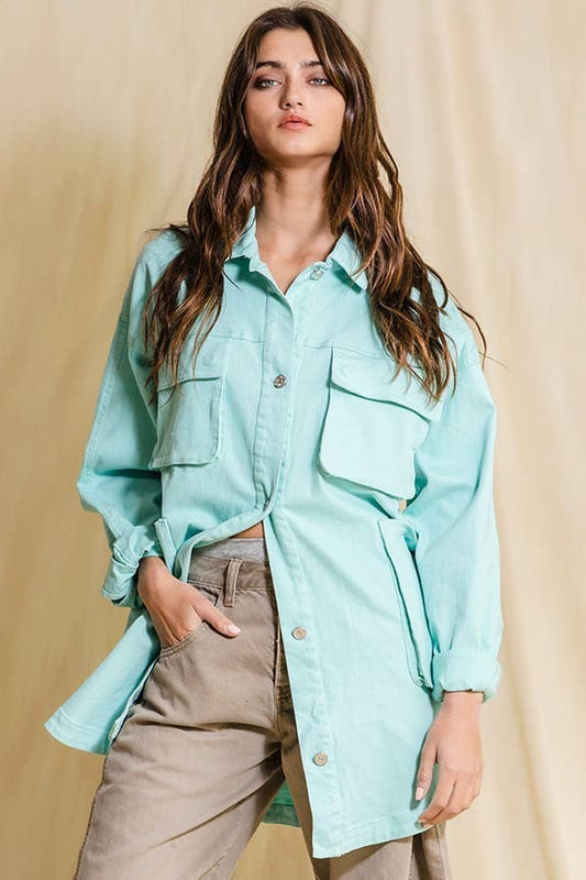 J17 Mint Blue Cargo Shacket