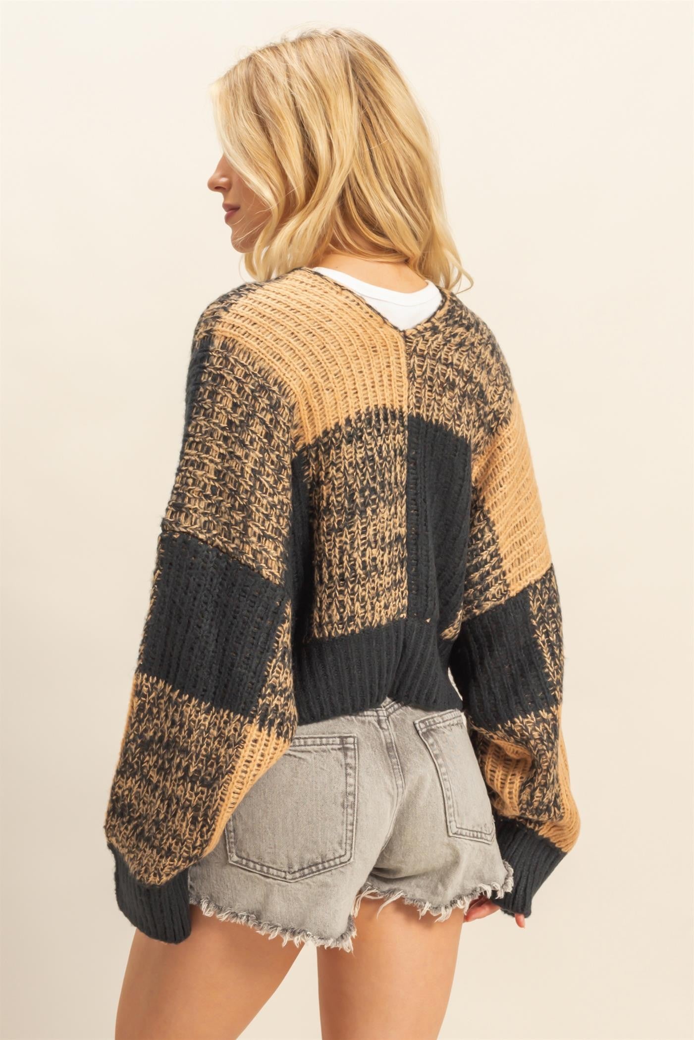 J19 Black/Taupe Two Toned Checkered Sweater Cardigan