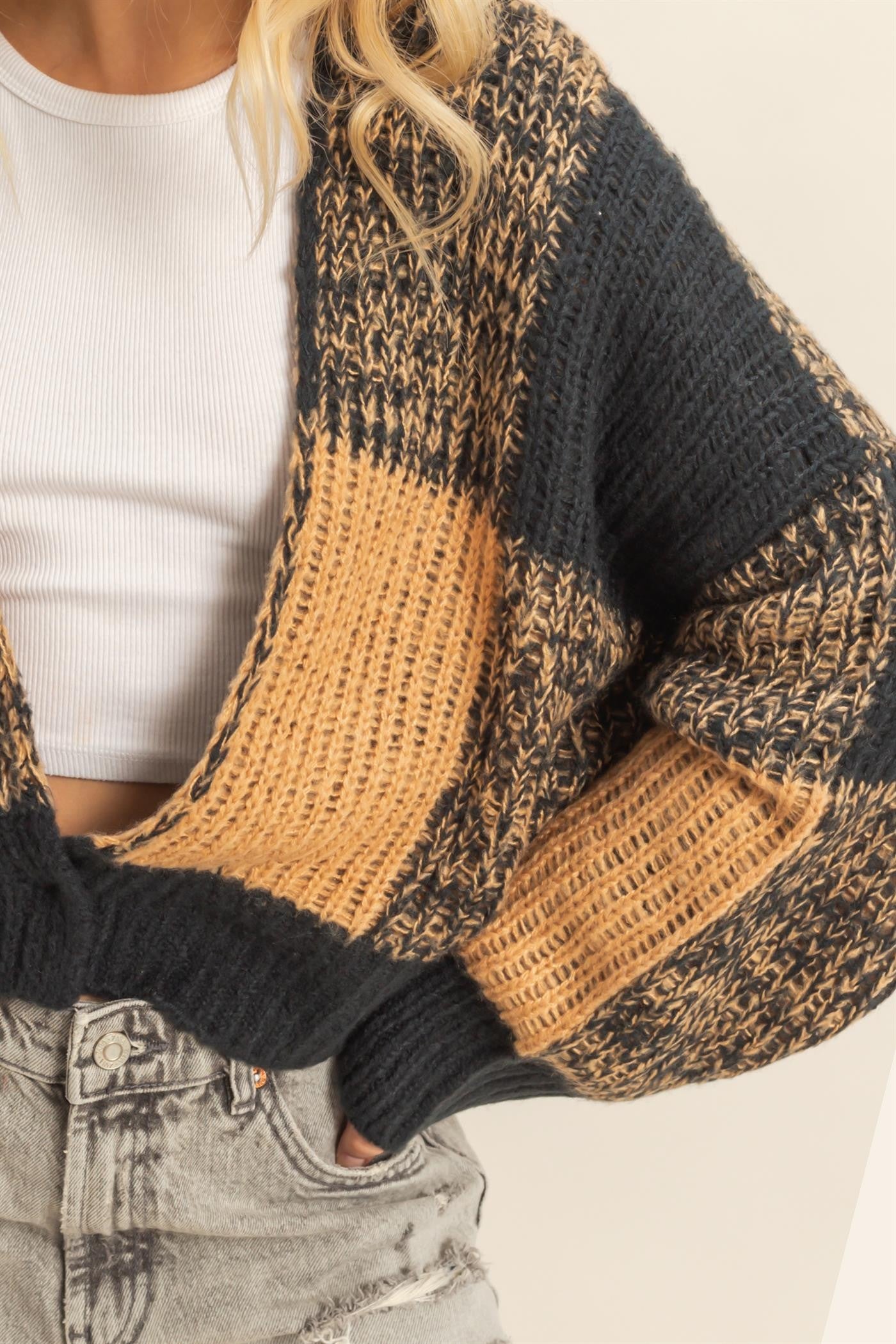 J19 Black/Taupe Two Toned Checkered Sweater Cardigan