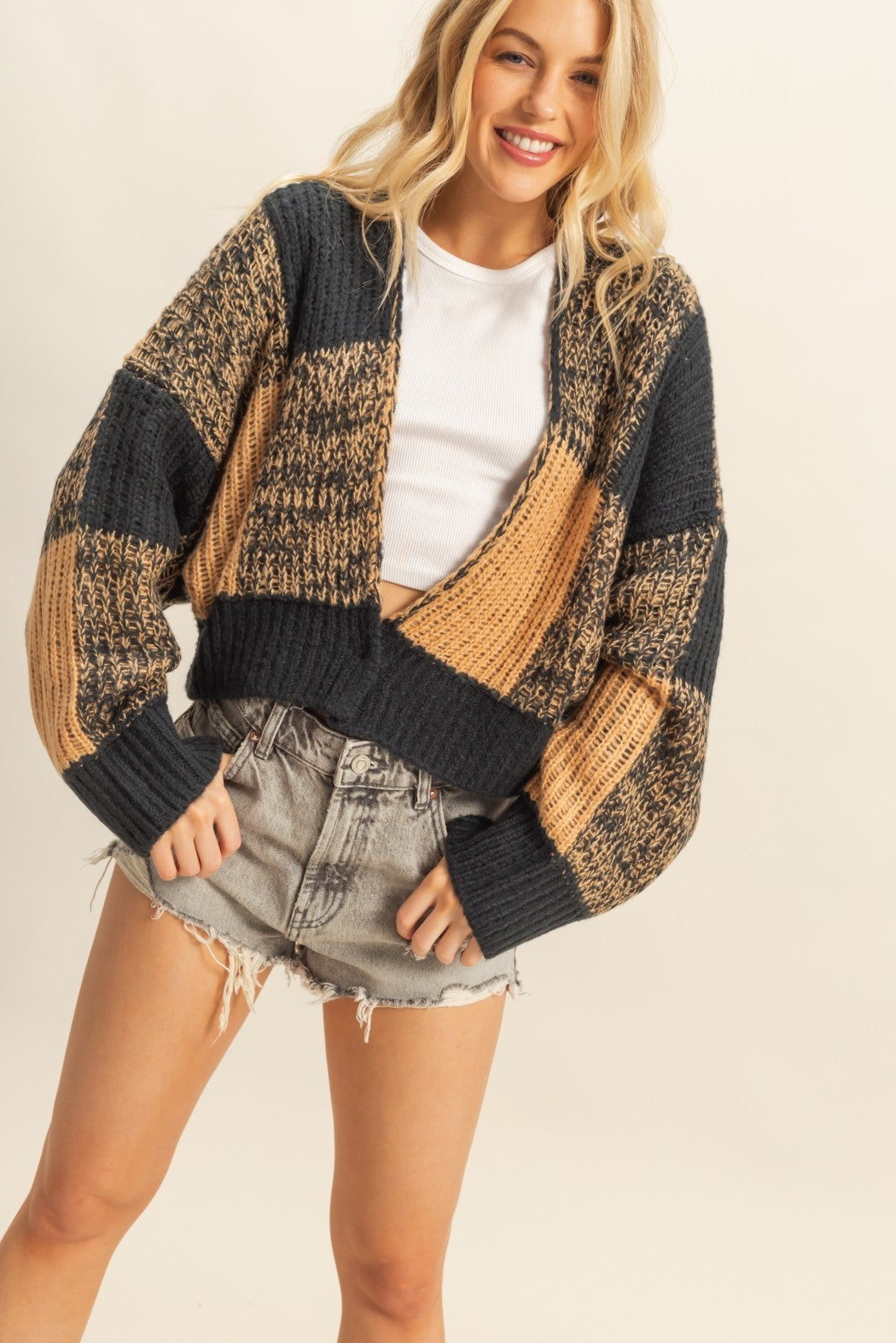 J19 Black/Taupe Two Toned Checkered Sweater Cardigan