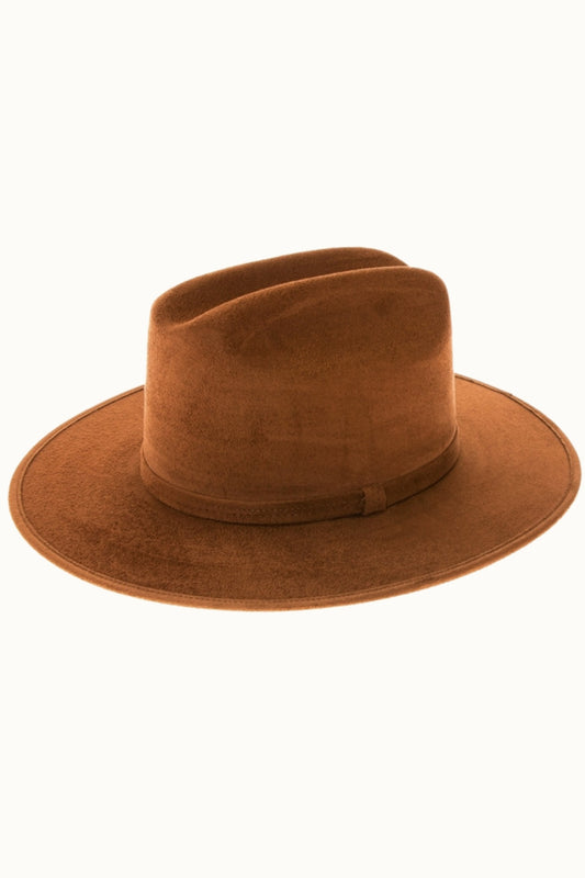 J24 Light Brown Cattleman Crown Vegan Suede Wide Brim Hat