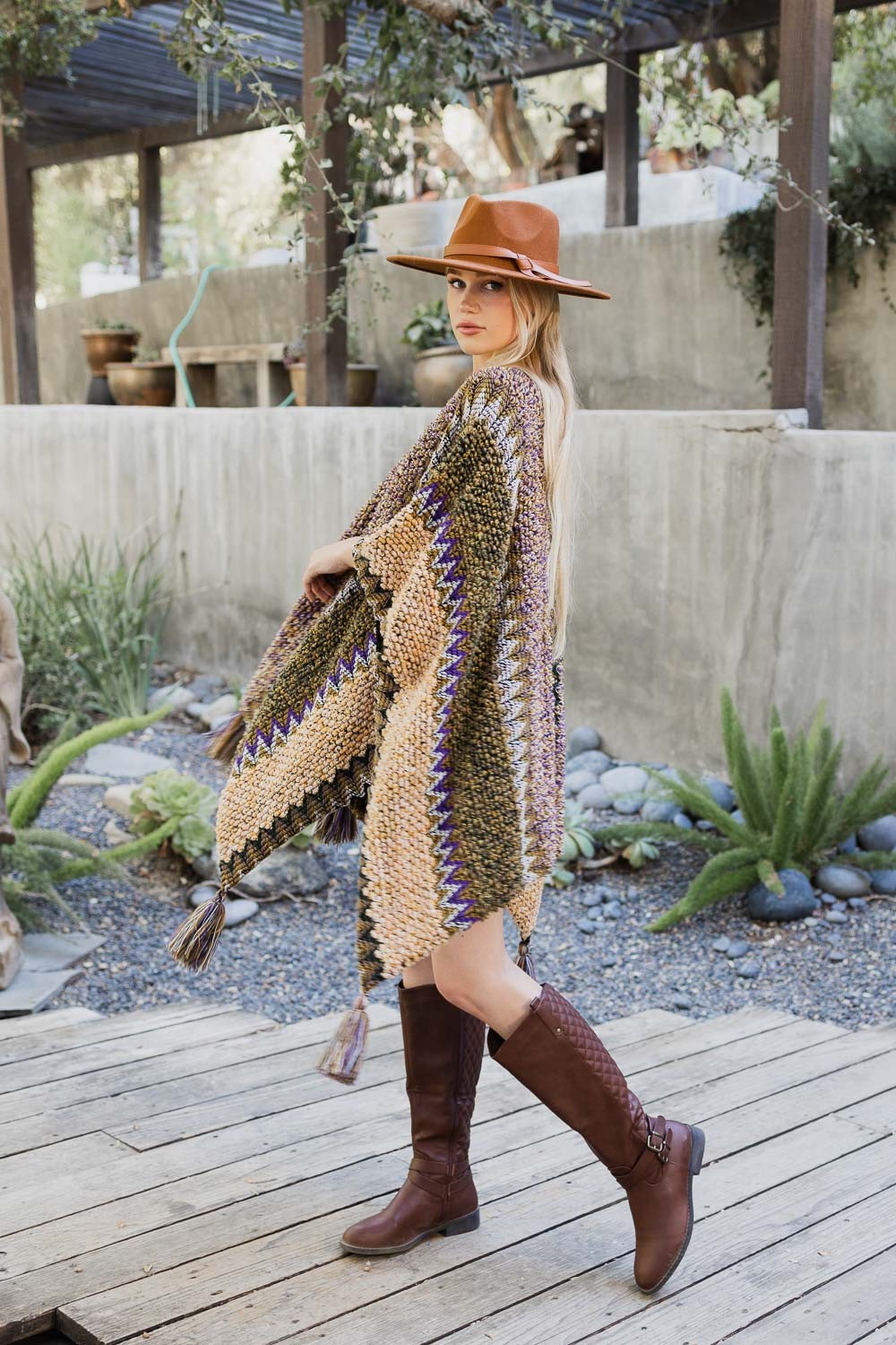 J28 Beige Mustard Crochet Poncho
