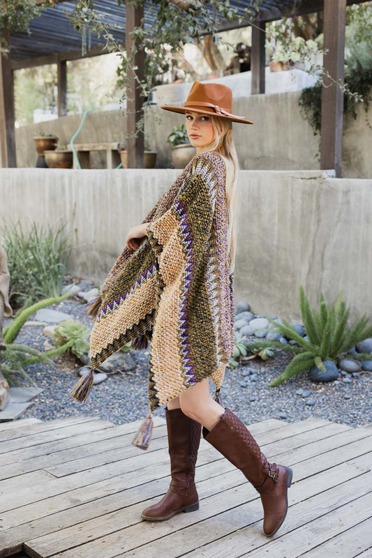J28 Beige Mustard Crochet Poncho